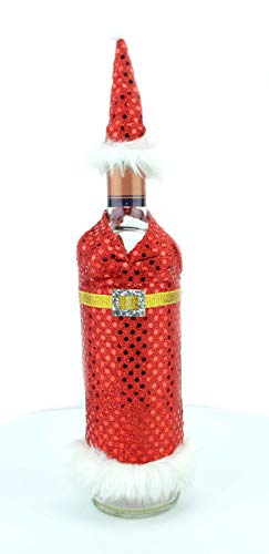 Shatchi 6174 - Bolsitas de Navidad para botellas de vino, bolsas de regalo, Papá Noel, fiesta, hogar, bar, restaurante, pub, decoración, decoración de mesa, color rojo y blanco