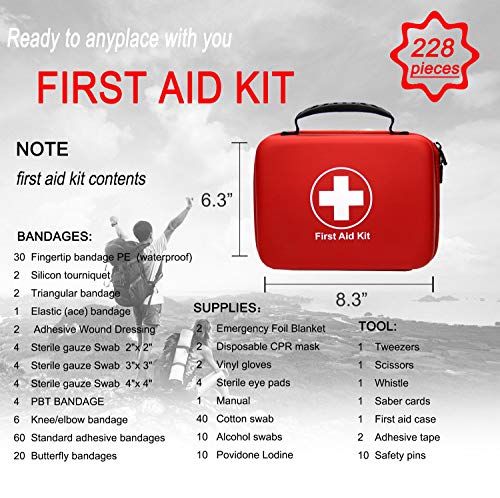 SHBC Kit Compacto de Primeros Auxilios (228 Piezas) Diseñado para Cuidados Familiares de Emergencia. Carcasa de EVA a Prueba de Agua. Esta Bolsa es Ideal para el Coche, Barco, Camping, Oficina. Rosa