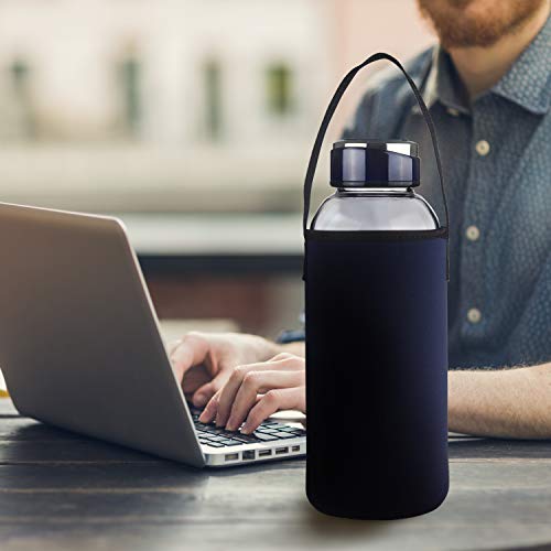 SHBRIFA Botella de Agua de Vidrio de Borosilicato 1000ml / 1500ml, Botella de Agua de Cristal con Funda de Neopreno y Tapa de Acero Inoxidable a Prueba de Fugas(1500ml Azul Real)