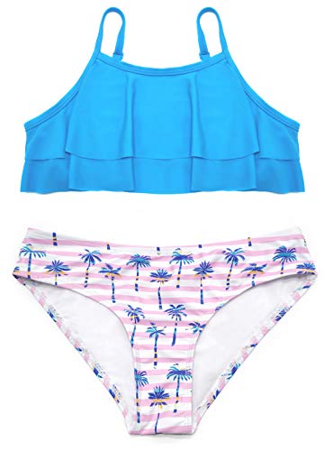 SHEKINI Niña Traje de Baño de Dos Piezas Ruffle Bikini Bañadores Impresos Traje de Baño (10/12 Azul Cielo)