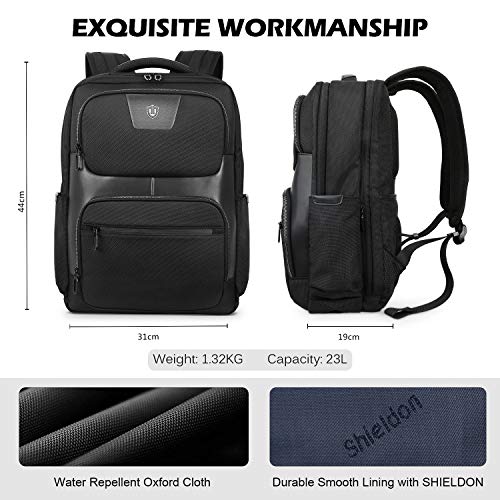 SHIELDON Mochila Hombre Impermeable Antirrobo, Mochila Ordenador Portátil 15.6 Pulgadas con Bolsillo de Bloqueo RFID, Bolso Casual Mochila Escolar Mochila Trabajo Mochila Viaje, 23L, Negro