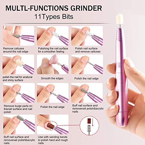 shirylzee Lima de uñas eléctrica 11 Tipos kit de pulido Torno para uñas Profesionales con Pedicura Taladro kit para uñas acrílicas Manicura Pedicura Pintauñas Mujer Manicura Personal de Bricolaje