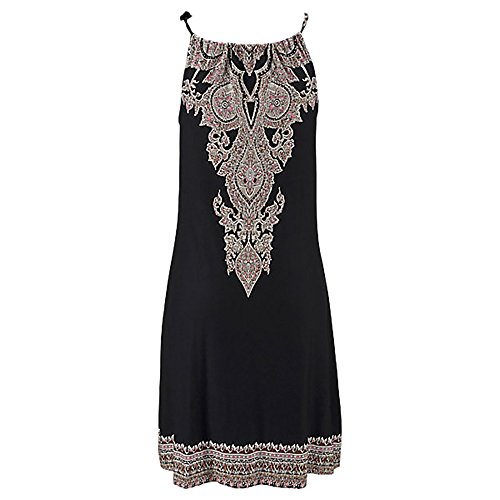 SHOBDW Las Mujeres del Verano de la Manera del Halter Cuello Boho Sexy Imprimir sin Mangas Casual Mini Vestido de Beachwear Vestido de Tirantes (M, Negro)