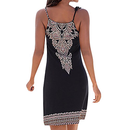 SHOBDW Las Mujeres del Verano de la Manera del Halter Cuello Boho Sexy Imprimir sin Mangas Casual Mini Vestido de Beachwear Vestido de Tirantes (M, Negro)