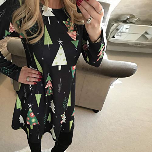 SHOBDW Mujer Regalo de Las Mujeres Reno Santa Copo de Nieve de impresión Cuello Redondo Swing Dress Ladies Vestido de Navidad de Manga Larga Acampanada Vestidos de Fiesta Mini Vestido(9,x-Large)