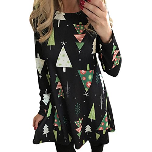 SHOBDW Mujer Regalo de Las Mujeres Reno Santa Copo de Nieve de impresión Cuello Redondo Swing Dress Ladies Vestido de Navidad de Manga Larga Acampanada Vestidos de Fiesta Mini Vestido(9,x-Large)
