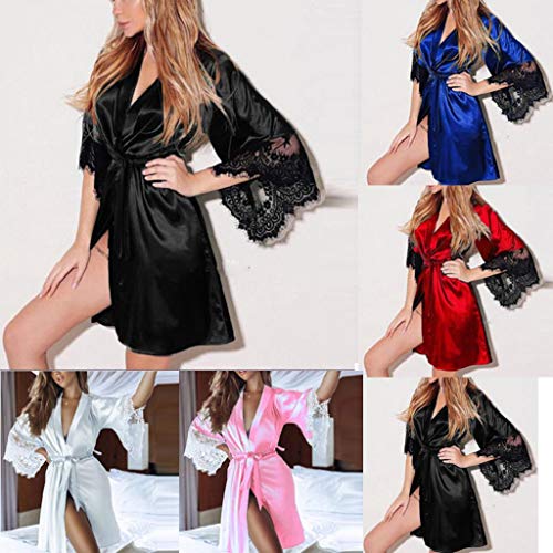SHOBDW Ropa de Dormir Mujeres Babydolls Conjunto De Lencería Sexy Ropa De Dormir Sólido Satinado De Seda Kimono Vestirse Suave Cordón De La Correa De Las Señoras Mantón Bata De Baño (Blanco,L)