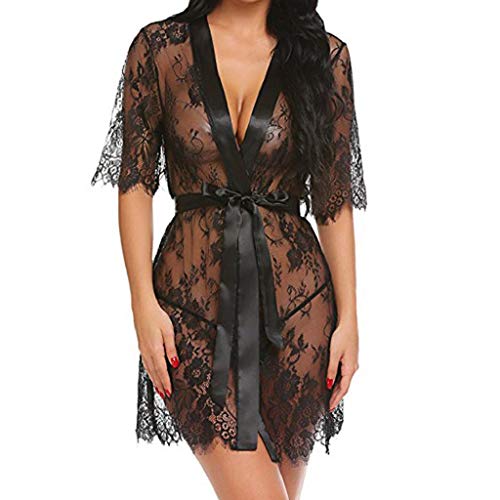 SHOBDW Ropa de Dormir Mujeres Babydolls Conjunto De Lencería Sexy Ropa Interior Negro Kimono Robe Pestañas Sheer Hollow out Ropa De Dormir Blanca para Mujer Chal Albornoz(Negro,L)