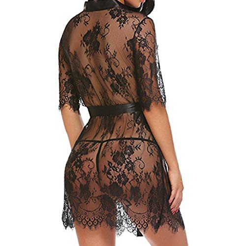 SHOBDW Ropa de Dormir Mujeres Babydolls Conjunto De Lencería Sexy Ropa Interior Negro Kimono Robe Pestañas Sheer Hollow out Ropa De Dormir Blanca para Mujer Chal Albornoz(Negro,L)