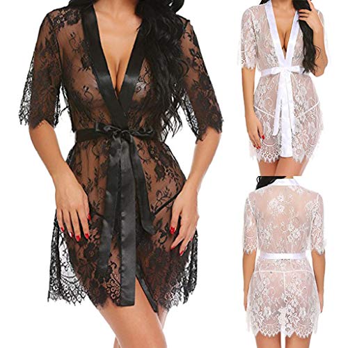 SHOBDW Ropa de Dormir Mujeres Babydolls Conjunto De Lencería Sexy Ropa Interior Negro Kimono Robe Pestañas Sheer Hollow out Ropa De Dormir Blanca para Mujer Chal Albornoz(Negro,L)