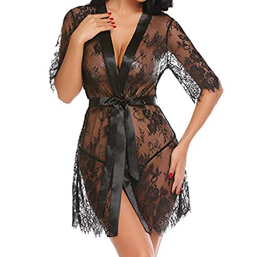 SHOBDW Ropa de Dormir Mujeres Babydolls Conjunto De Lencería Sexy Ropa Interior Negro Kimono Robe Pestañas Sheer Hollow out Ropa De Dormir Blanca para Mujer Chal Albornoz(Negro,L)