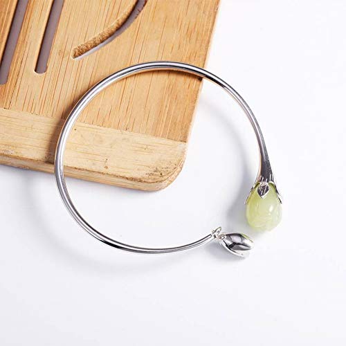 SHOUSHI Vintage de la Mujer 925 Flor de Plata Jade S925 Plata de Ley Natural Hetian Jade Pulsera de Plata Mujeres Estética Magnolia Pulsera Abierta Pulsera Joyería, Plata 925