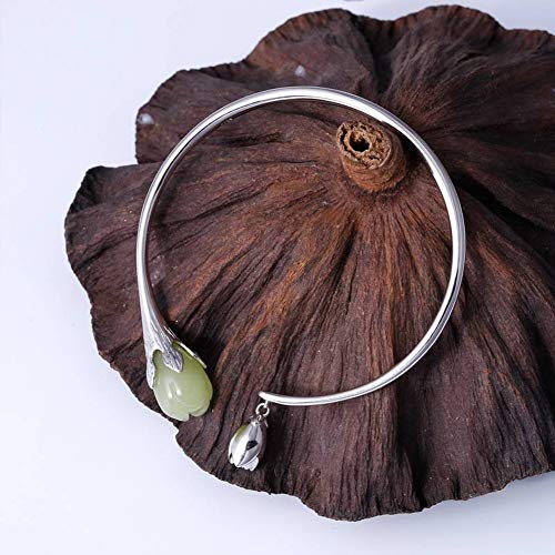 SHOUSHI Vintage de la Mujer 925 Flor de Plata Jade S925 Plata de Ley Natural Hetian Jade Pulsera de Plata Mujeres Estética Magnolia Pulsera Abierta Pulsera Joyería, Plata 925