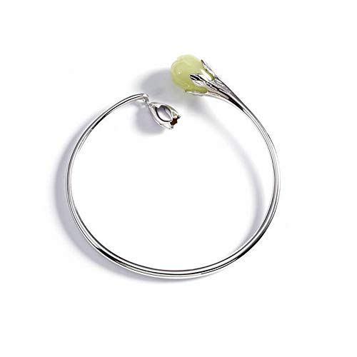 SHOUSHI Vintage de la Mujer 925 Flor de Plata Jade S925 Plata de Ley Natural Hetian Jade Pulsera de Plata Mujeres Estética Magnolia Pulsera Abierta Pulsera Joyería, Plata 925