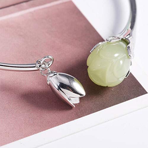 SHOUSHI Vintage de la Mujer 925 Flor de Plata Jade S925 Plata de Ley Natural Hetian Jade Pulsera de Plata Mujeres Estética Magnolia Pulsera Abierta Pulsera Joyería, Plata 925