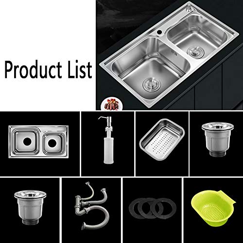 SI-NK Fregadero De Cocina, Fregadero De Cocina Cuadrado De Acero Inoxidable De 2 Tazones con Cesta De Desagüe, para Hostelería Y Cocina （Tamaño: 750X410 Mm）