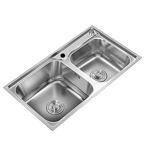 SI-NK Fregadero De Cocina, Fregadero De Cocina Cuadrado De Acero Inoxidable De 2 Tazones con Cesta De Desagüe, para Hostelería Y Cocina （Tamaño: 750X410 Mm）