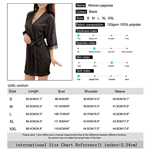 Sidiou Group Vestido Pijama Mujer Kimono Corto Bata de Satén Lencería Kimono del Cordón Satén Seda de Hielo Bata Albornoz Camisón (M, Estilo 1-Negro)