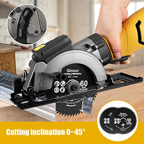 Sierra de Mano Circular, Ginour Sierra Circular 750 W 3600RPM, 6 Hojas de Sierra (115 y 125 mm) de 24T + 60T Diamente, Corte 48mm (90º), 32mm (45º), Cortar Azulejo, Madera, Metal Blando, Plástico