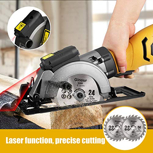 Sierra de Mano Circular, Ginour Sierra Circular 750 W 3600RPM, 6 Hojas de Sierra (115 y 125 mm) de 24T + 60T Diamente, Corte 48mm (90º), 32mm (45º), Cortar Azulejo, Madera, Metal Blando, Plástico