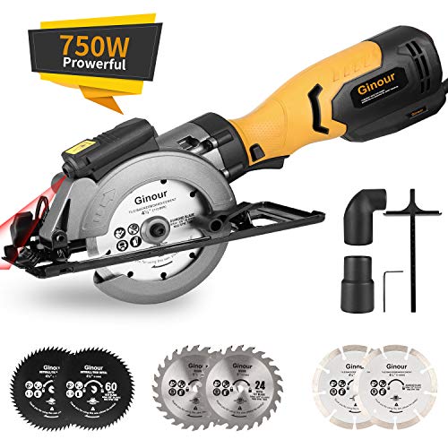 Sierra de Mano Circular, Ginour Sierra Circular 750 W 3600RPM, 6 Hojas de Sierra (115 y 125 mm) de 24T + 60T Diamente, Corte 48mm (90º), 32mm (45º), Cortar Azulejo, Madera, Metal Blando, Plástico
