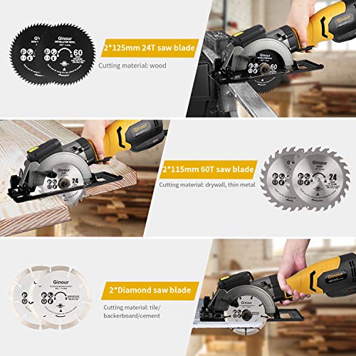 Sierra de Mano Circular, Ginour Sierra Circular 750 W 3600RPM, 6 Hojas de Sierra (115 y 125 mm) de 24T + 60T Diamente, Corte 48mm (90º), 32mm (45º), Cortar Azulejo, Madera, Metal Blando, Plástico