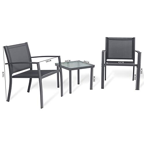 Sigtua Conjunto de Muebles de Jardín de 3 Piezas Muebles de Exterior, Interior, 2 Sillones + Mesa de Vidrio para Terraza, Piscina, Porche, Jardín, Balcón, Gris Oscuro