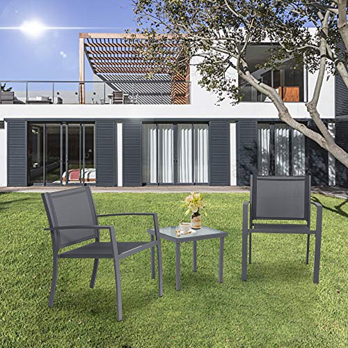 Sigtua Conjunto de Muebles de Jardín de 3 Piezas Muebles de Exterior, Interior, 2 Sillones + Mesa de Vidrio para Terraza, Piscina, Porche, Jardín, Balcón, Gris Oscuro
