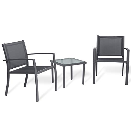 Sigtua Conjunto de Muebles de Jardín de 3 Piezas Muebles de Exterior, Interior, 2 Sillones + Mesa de Vidrio para Terraza, Piscina, Porche, Jardín, Balcón, Gris Oscuro