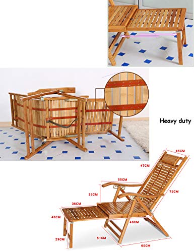 Silla de jardín reclinable Plegable Silla Tumbona con Respaldo al Sol Silla de bambú Respaldo de bambú Sillas de Playa Tumbona reclinable con reposacabezas Reposapiés Ajustable MAX.200kg