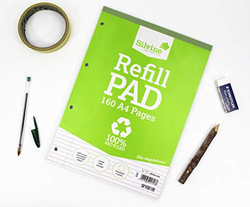 Silvine Everyday Ref RE4FM - Bloc de hojas de recambio de espiral doble (6 unidades, papel reciclado, A4, 160 hojas, 70 g/m², raya de 8 mm, con margen)