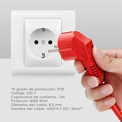 SIMBR Cable alargador de corriente IP20 H05VV Alargador cable de gran calidad 10m 15m 20m 30m Color rojo (15m)