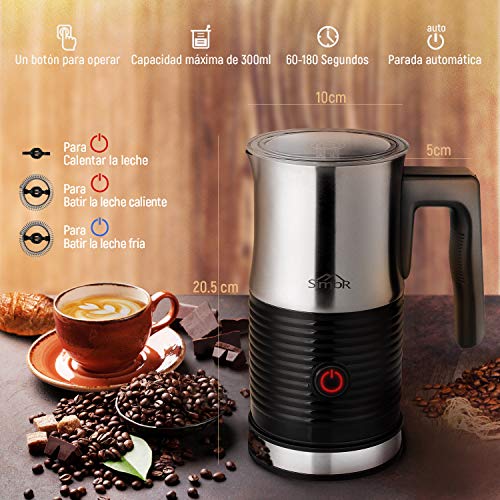 SIMBR Espumador de Leche Eléctrico 300mL Batidoras de Leche Automáticas 3 en 1, Espuma para Leche fría o Caliente con Apagado Automático Acero Inoxidable Antiadherente