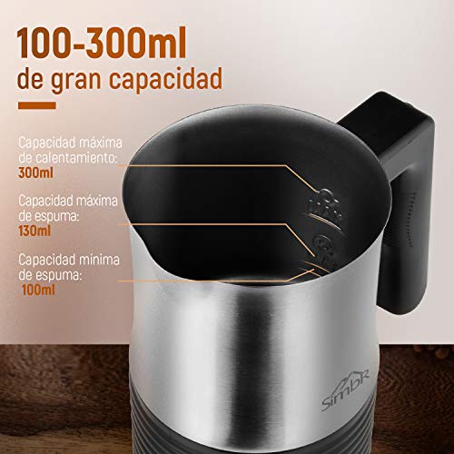 SIMBR Espumador de Leche Eléctrico 300mL Batidoras de Leche Automáticas 3 en 1, Espuma para Leche fría o Caliente con Apagado Automático Acero Inoxidable Antiadherente