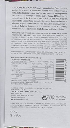 Simón Coll - Tableta de chocolate, 99% cacao), 85 gr., 1 Unidad