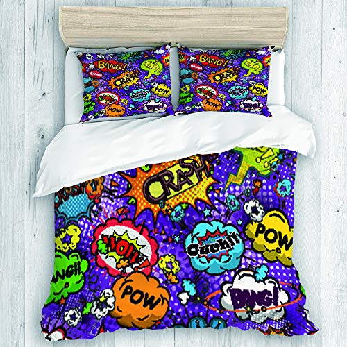 SIONOLY Ropa de Cama Funda nórdica,Bocadillos cómicos,Microfibra Nuevo Conjunto de Tres Piezas de Varios Patrones Personalizados 2 Funda de Almohada