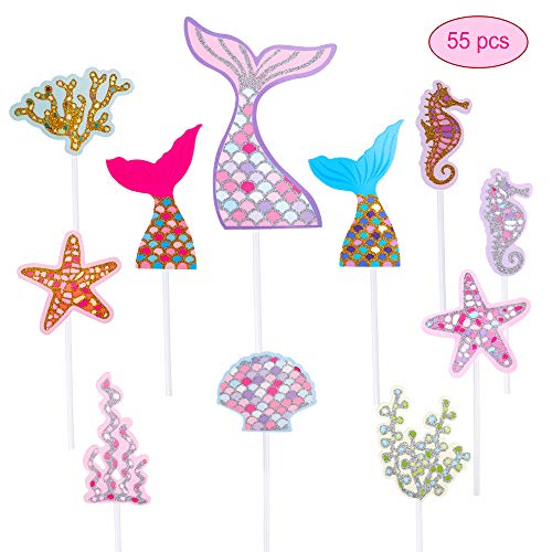Sirena Cupcake Toppers Lindo Océano Animales en Forma de Pastel Toppers Glitter Torta de Sirena Decoración para Fiesta en el Mar, Fiesta de Cumpleaños, Baby Shower y Fiesta de Bodas 55 Piezas