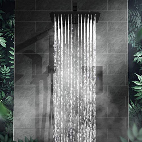 Sistema de ducha de lluvia S R Sunrise en negro mate, Advanced Air Injection Technology, 30 cm x 30 cm, cabezal de ducha de lluvia cuadrado, fácil instalación, acero inoxidable y latón
