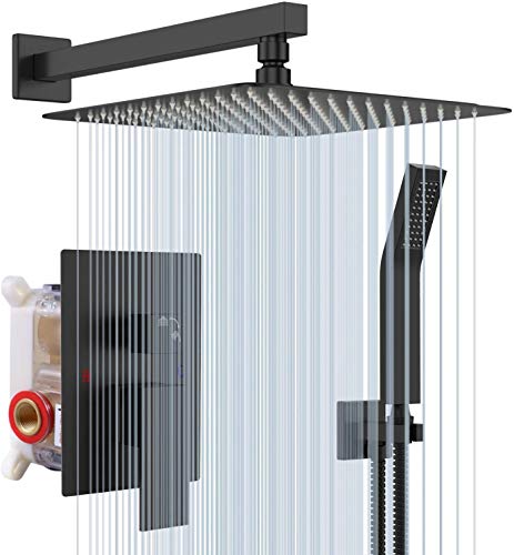 Sistema de ducha de lluvia S R Sunrise en negro mate, Advanced Air Injection Technology, 30 cm x 30 cm, cabezal de ducha de lluvia cuadrado, fácil instalación, acero inoxidable y latón