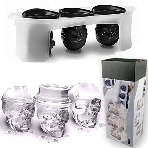 SJTL 3D Calavera Cubito de Hielo Bandeja Molde con Tapa Moldes Silicona Cubito de Hielo Calaveras Molde Moldes de Chocolate para Whisky Hielo Cócteles Bebida de Jugo Negro 3 Cráneo