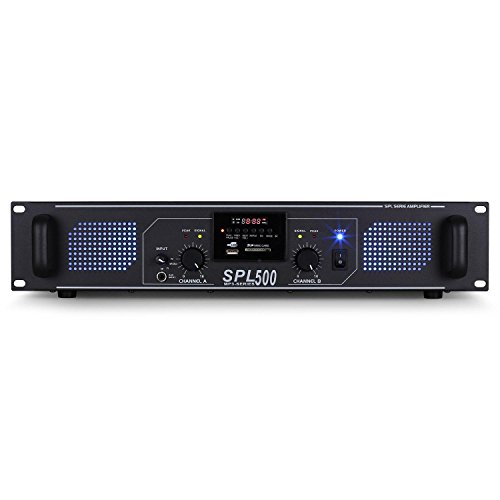Skytec SPL-500 Amplificador PA (2 x 250W Potencia, USB, SD, Entrada Auxiliar, 3X Linea para MP3, pc o Reproductor de CD, iluminacion Led Azul)