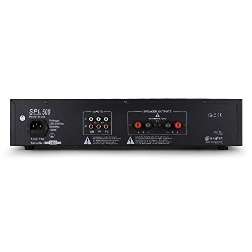 Skytec SPL-500 Amplificador PA (2 x 250W Potencia, USB, SD, Entrada Auxiliar, 3X Linea para MP3, pc o Reproductor de CD, iluminacion Led Azul)
