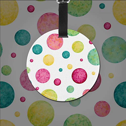 Slaytio - Círculos de acuarela de colores personalizables, patrón de punto abstracto, patrón de confeti azul, blanco, verde etiqueta de equipaje redonda maleta, etiqueta de maleta de pulsera de PVC