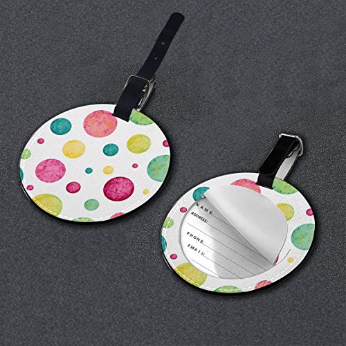 Slaytio - Círculos de acuarela de colores personalizables, patrón de punto abstracto, patrón de confeti azul, blanco, verde etiqueta de equipaje redonda maleta, etiqueta de maleta de pulsera de PVC