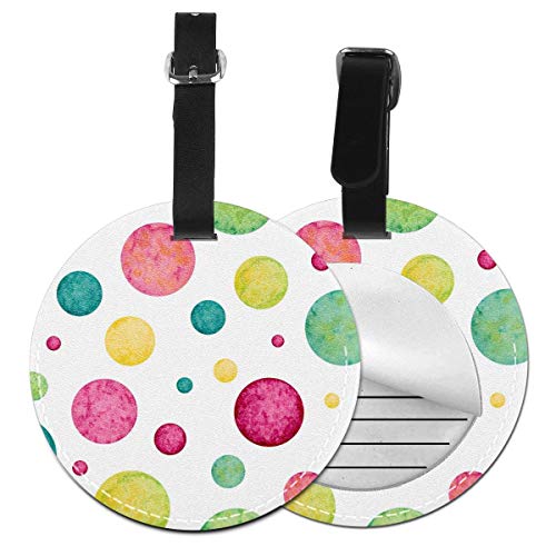 Slaytio - Círculos de acuarela de colores personalizables, patrón de punto abstracto, patrón de confeti azul, blanco, verde etiqueta de equipaje redonda maleta, etiqueta de maleta de pulsera de PVC