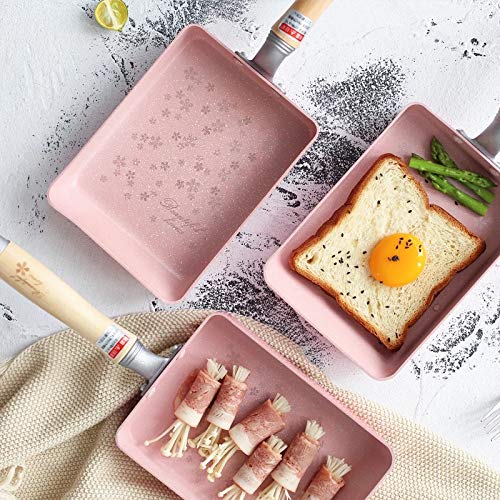 SLHP Mini sartén japonesa para tortillas Tamagoyaki, olla antiadherente de aluminio con mango de madera, acero inoxidable aluminio, 18.5 x 13.4 cm(Pink)