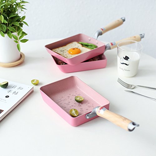 SLHP Mini sartén japonesa para tortillas Tamagoyaki, olla antiadherente de aluminio con mango de madera, acero inoxidable aluminio, 18.5 x 13.4 cm(Pink)
