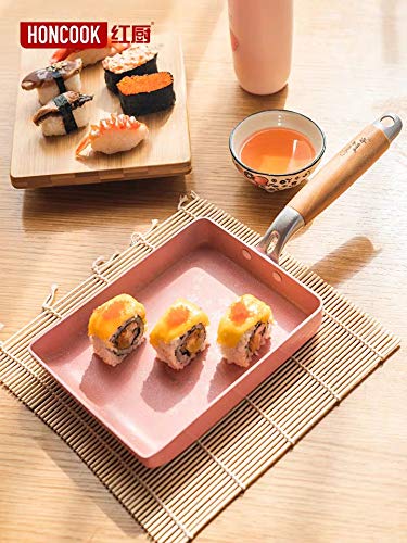SLHP Mini sartén japonesa para tortillas Tamagoyaki, olla antiadherente de aluminio con mango de madera, acero inoxidable aluminio, 18.5 x 13.4 cm(Pink)