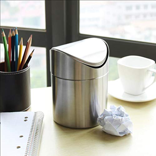 SM SunniMix Mini Papelera Creativa con Tapa de acero inoxidable para Mesa de Oficina, Cubo de Basura Portátil para Coche, Bar, Cafetería - Plata
