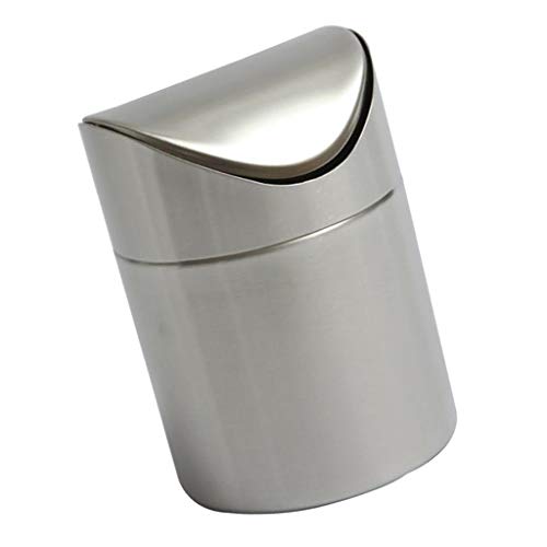 SM SunniMix Mini Papelera Creativa con Tapa de acero inoxidable para Mesa de Oficina, Cubo de Basura Portátil para Coche, Bar, Cafetería - Plata